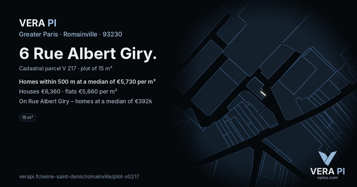 6 Rue Albert Giry, Romainville at night – the plot lit, the parcels around coloured by the prices near them
