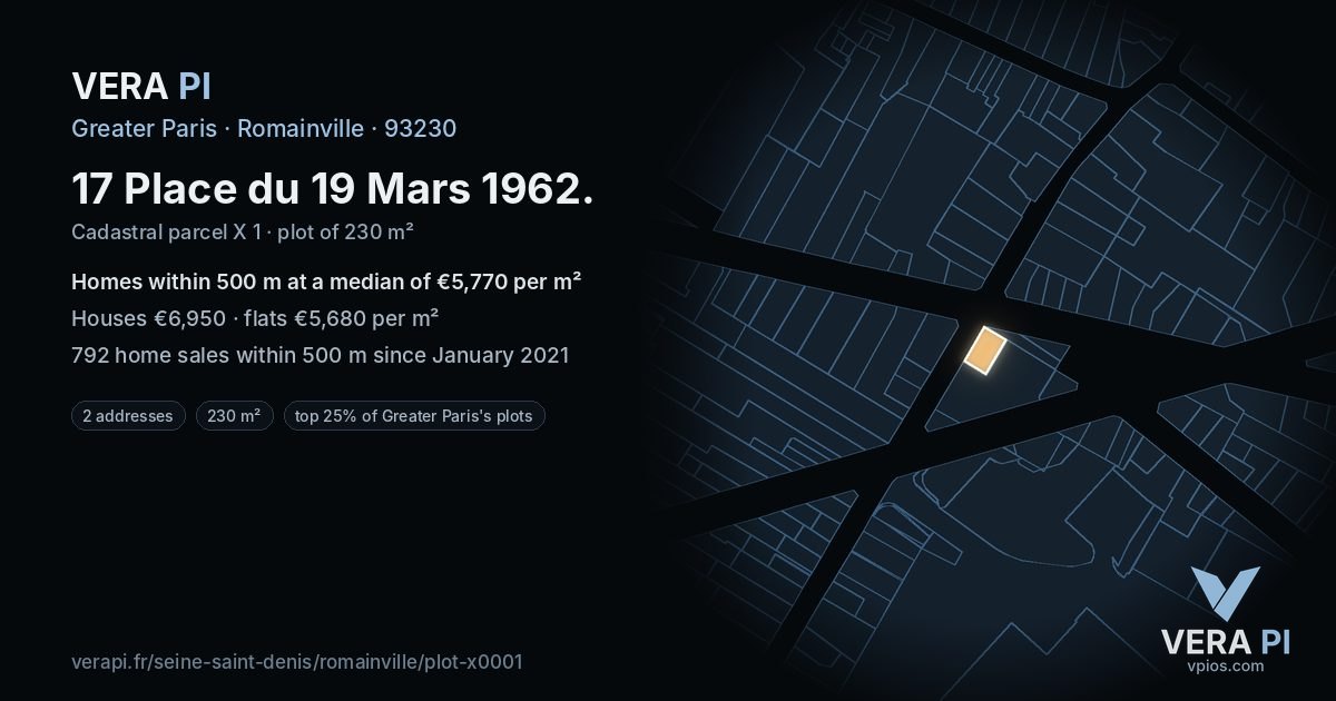 17 Place du 19 Mars 1962, Romainville at night – the plot lit, the parcels around coloured by the prices near them