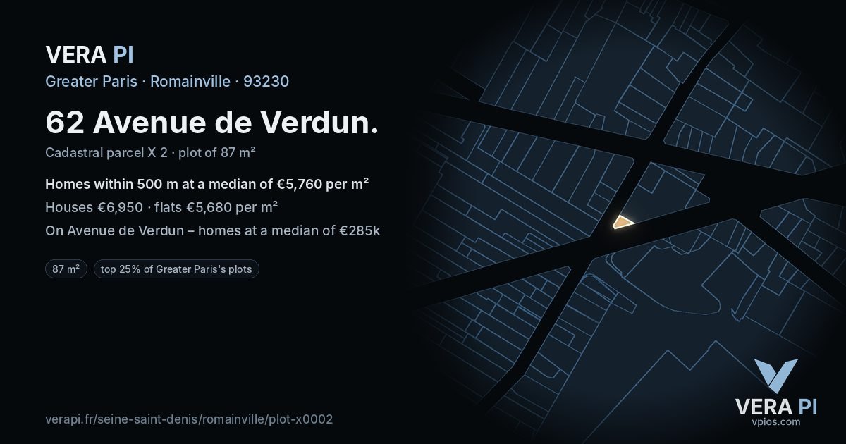 62 Avenue de Verdun, Romainville at night – the plot lit, the parcels around coloured by the prices near them