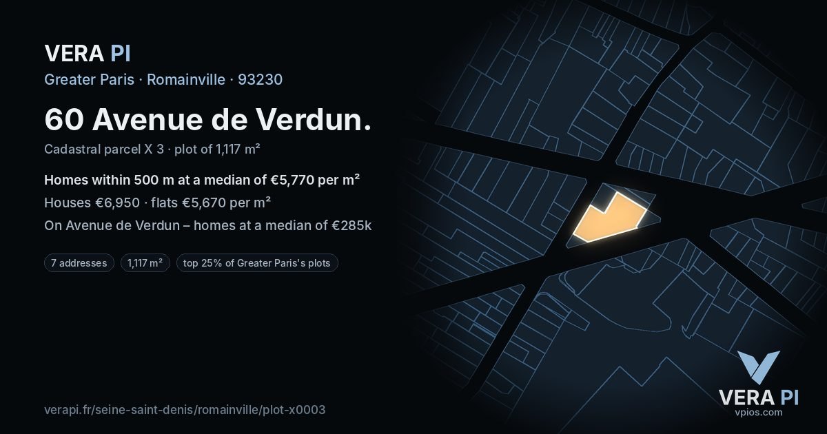 60 Avenue de Verdun, Romainville at night – the plot lit, the parcels around coloured by the prices near them