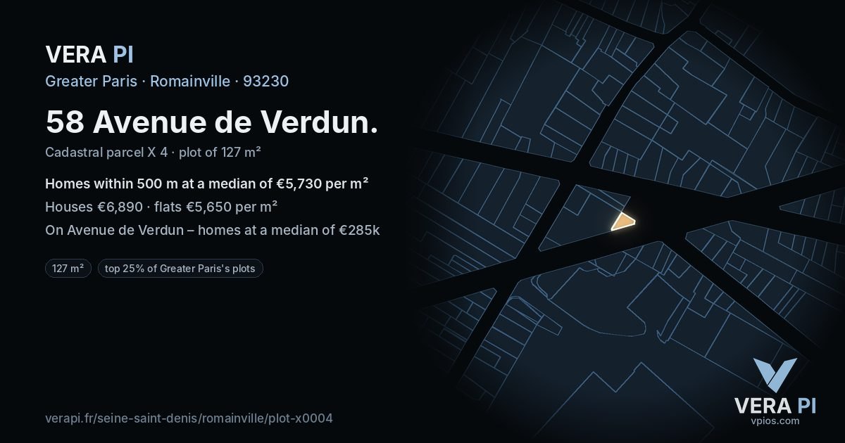 58 Avenue de Verdun, Romainville at night – the plot lit, the parcels around coloured by the prices near them