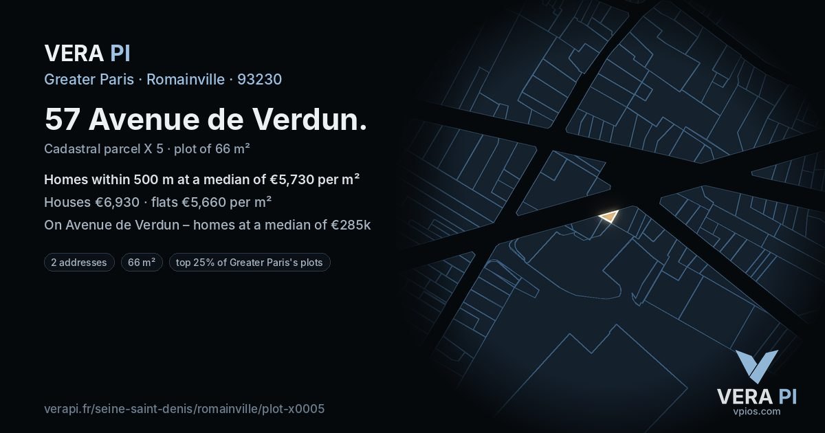 57 Avenue de Verdun, Romainville at night – the plot lit, the parcels around coloured by the prices near them