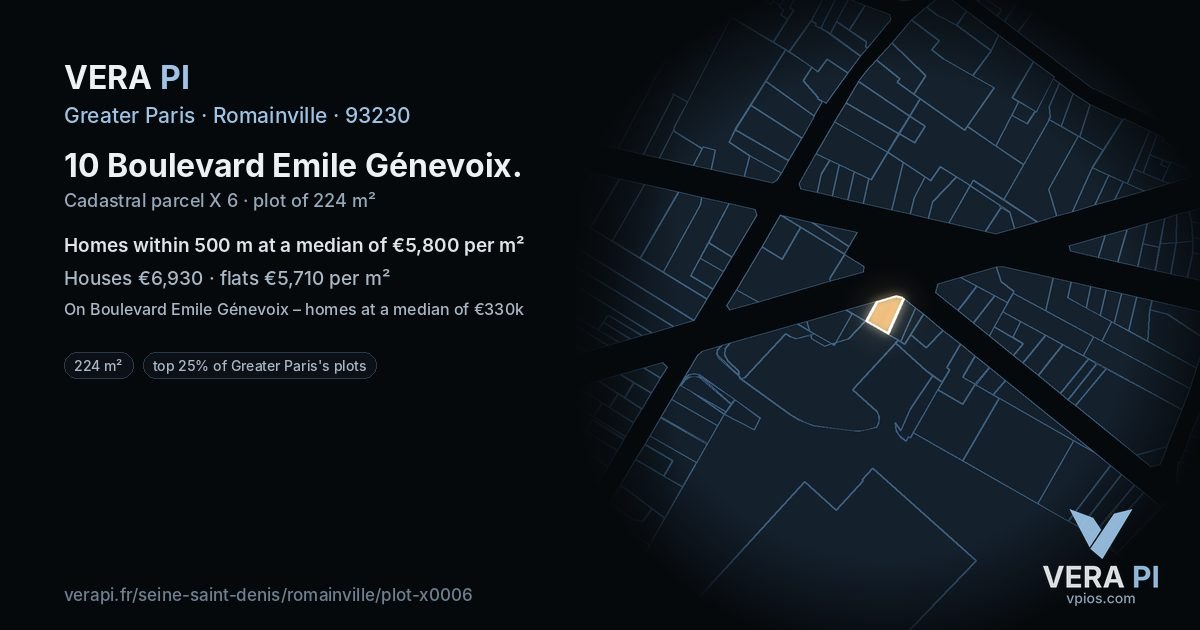10 Boulevard Emile Génevoix, Romainville at night – the plot lit, the parcels around coloured by the prices near them