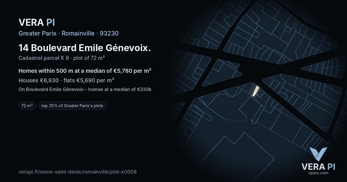 14 Boulevard Emile Génevoix, Romainville at night – the plot lit, the parcels around coloured by the prices near them