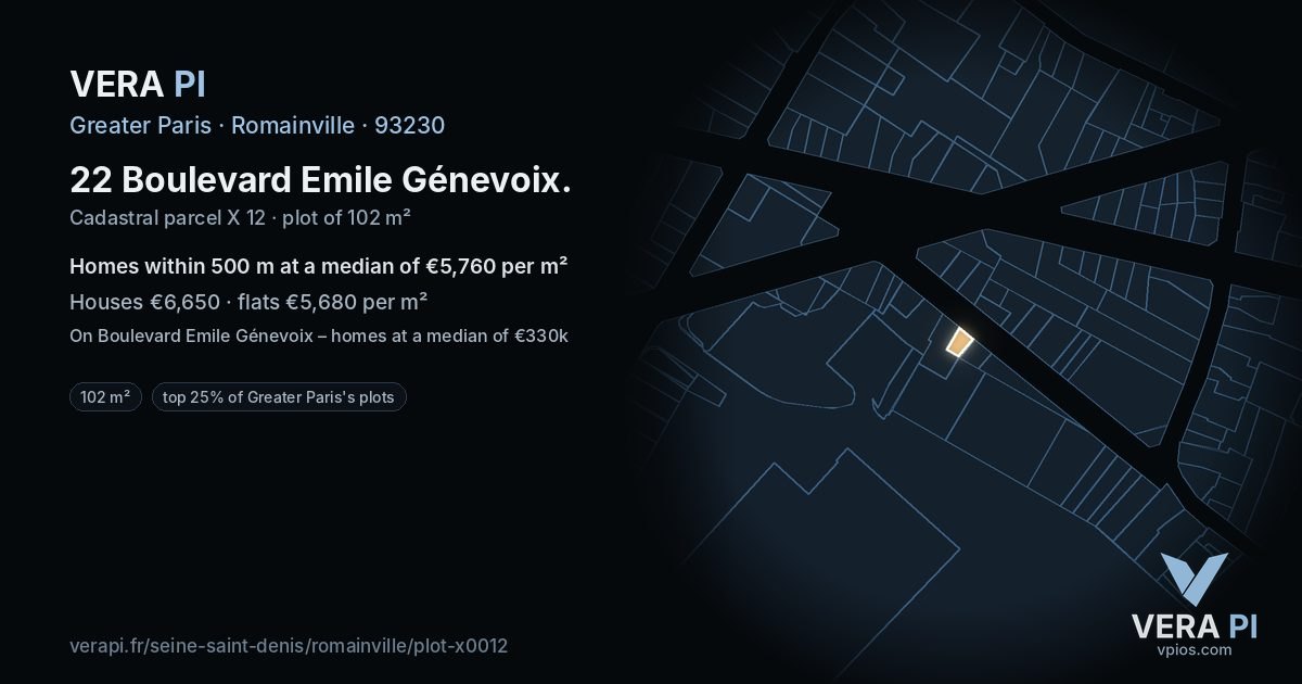 22 Boulevard Emile Génevoix, Romainville at night – the plot lit, the parcels around coloured by the prices near them