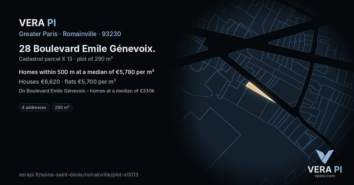 28 Boulevard Emile Génevoix, Romainville at night – the plot lit, the parcels around coloured by the prices near them