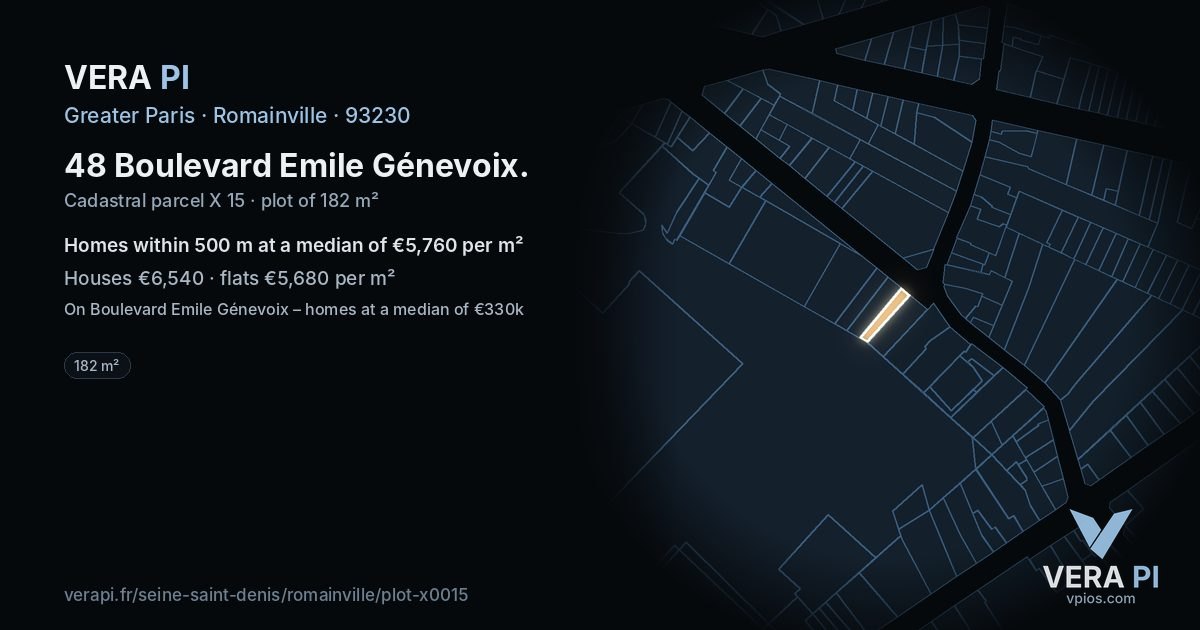 48 Boulevard Emile Génevoix, Romainville at night – the plot lit, the parcels around coloured by the prices near them