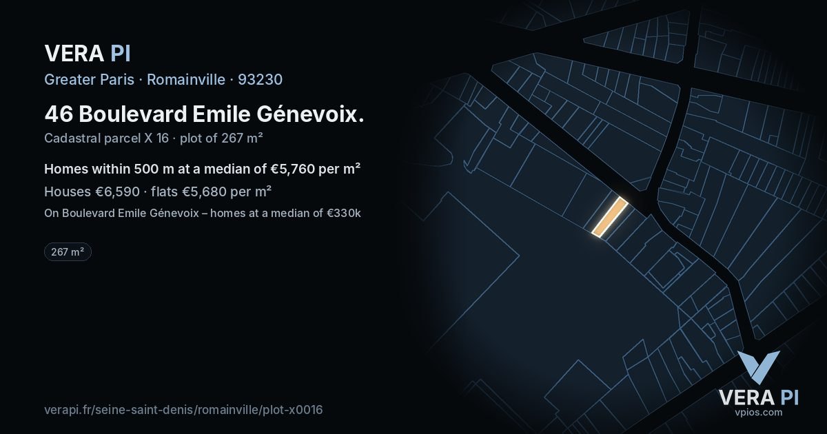 46 Boulevard Emile Génevoix, Romainville at night – the plot lit, the parcels around coloured by the prices near them