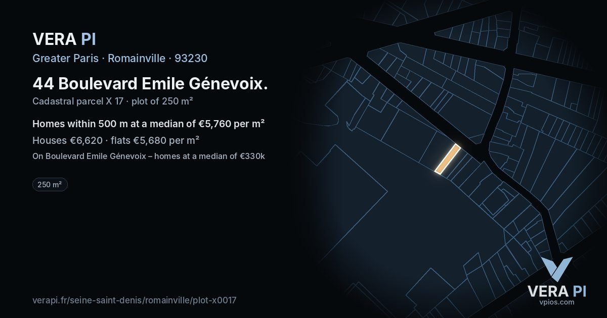 44 Boulevard Emile Génevoix, Romainville at night – the plot lit, the parcels around coloured by the prices near them