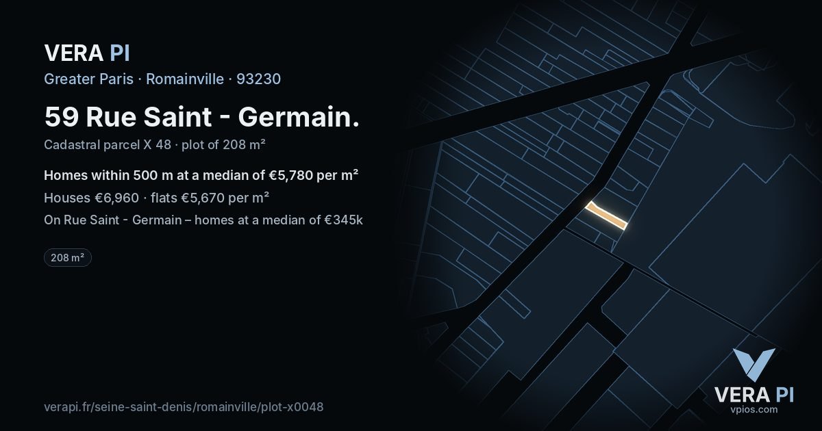 59 Rue Saint - Germain, Romainville at night – the plot lit, the parcels around coloured by the prices near them
