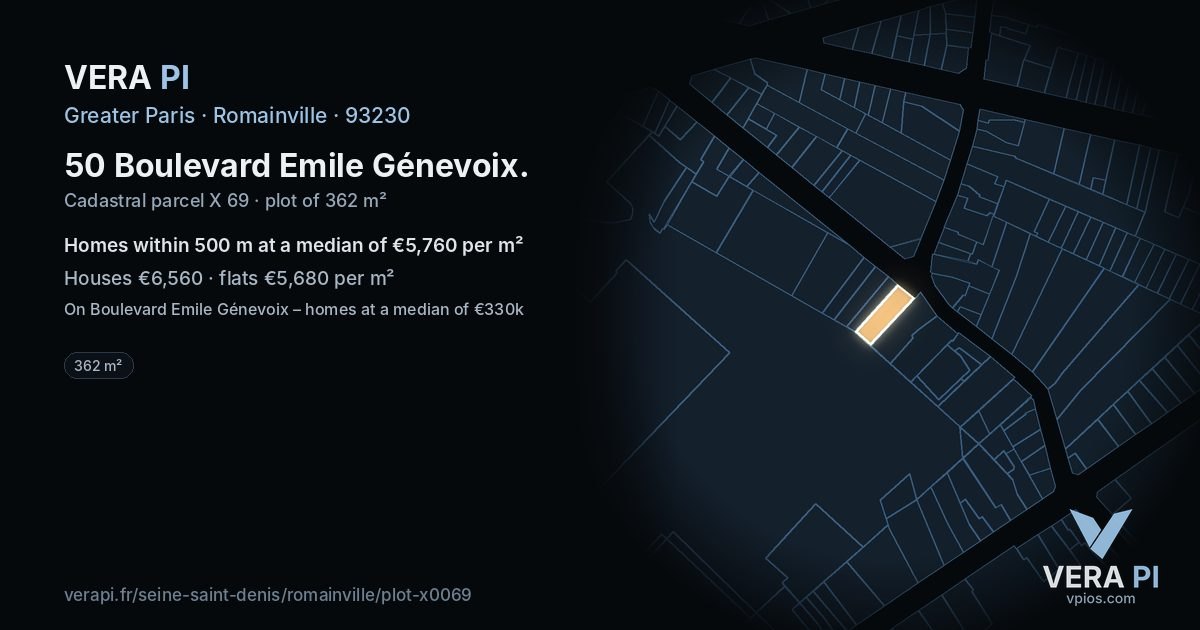 50 Boulevard Emile Génevoix, Romainville at night – the plot lit, the parcels around coloured by the prices near them
