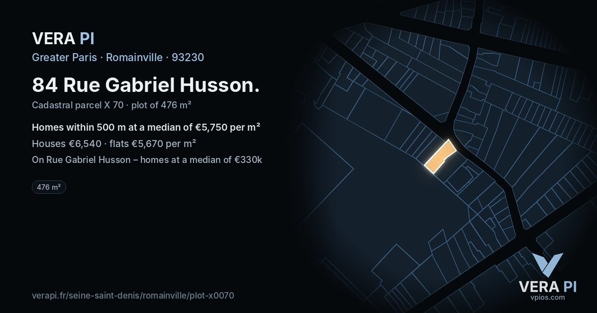 84 Rue Gabriel Husson, Romainville at night – the plot lit, the parcels around coloured by the prices near them