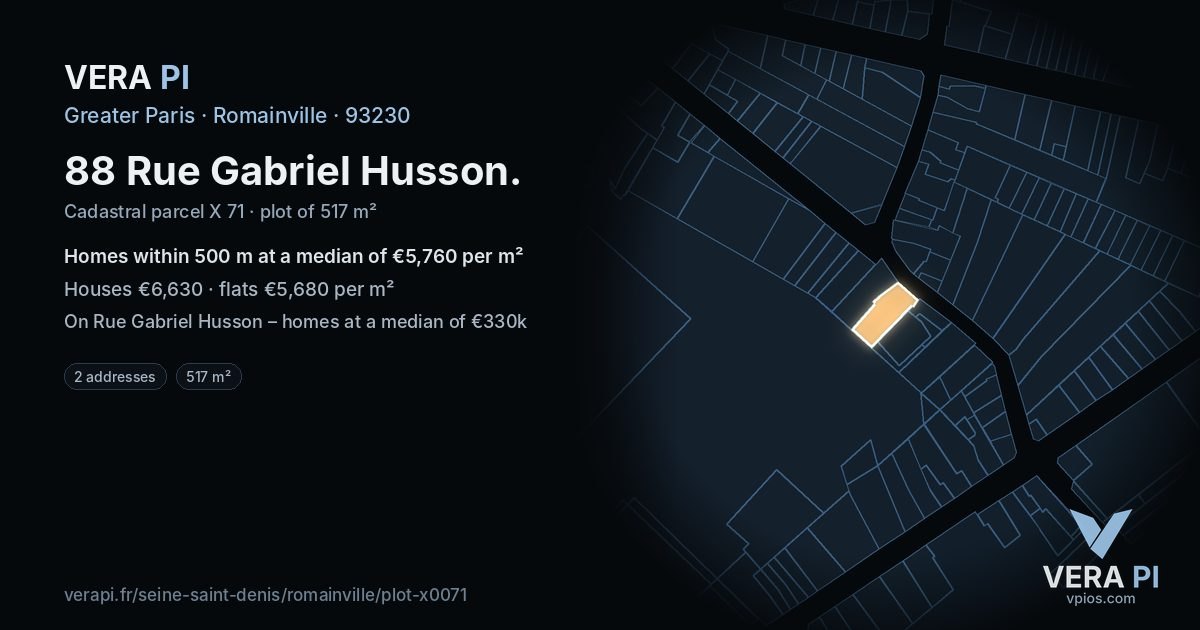88 Rue Gabriel Husson, Romainville at night – the plot lit, the parcels around coloured by the prices near them