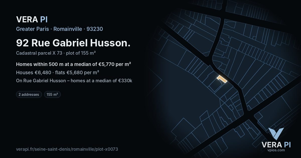 92 Rue Gabriel Husson, Romainville at night – the plot lit, the parcels around coloured by the prices near them