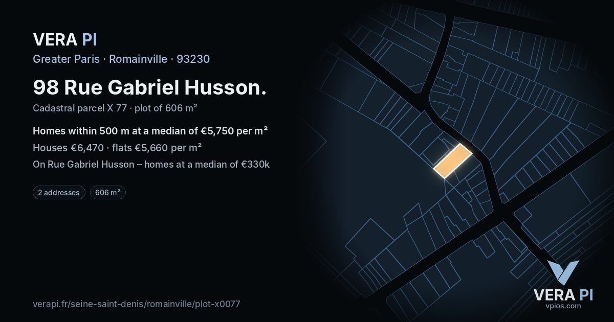98 Rue Gabriel Husson, Romainville at night – the plot lit, the parcels around coloured by the prices near them