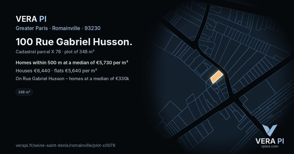 100 Rue Gabriel Husson, Romainville at night – the plot lit, the parcels around coloured by the prices near them