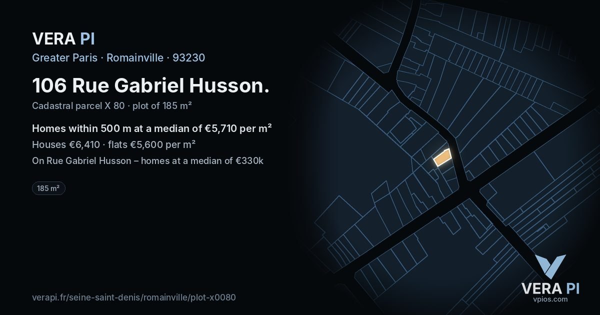106 Rue Gabriel Husson, Romainville at night – the plot lit, the parcels around coloured by the prices near them
