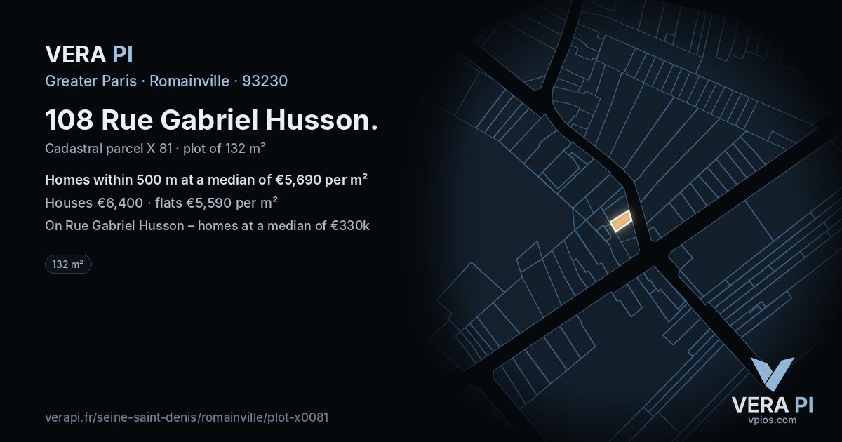 108 Rue Gabriel Husson, Romainville at night – the plot lit, the parcels around coloured by the prices near them