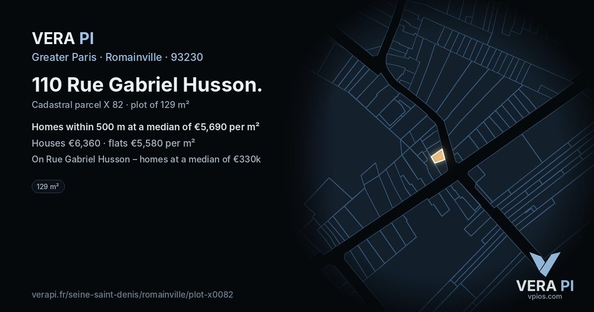 110 Rue Gabriel Husson, Romainville at night – the plot lit, the parcels around coloured by the prices near them