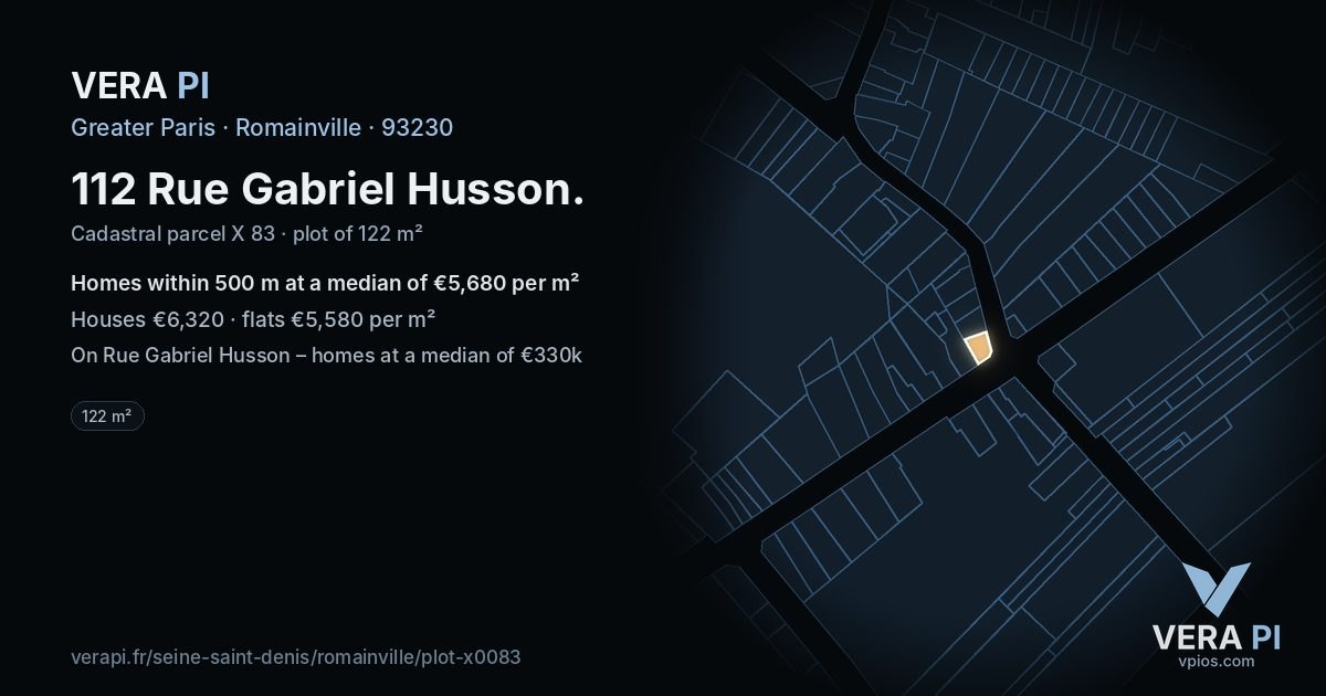112 Rue Gabriel Husson, Romainville at night – the plot lit, the parcels around coloured by the prices near them