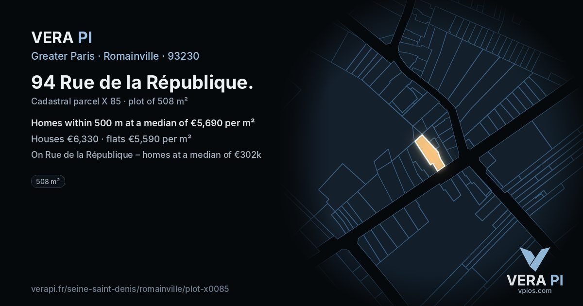 94 Rue de la République, Romainville at night – the plot lit, the parcels around coloured by the prices near them