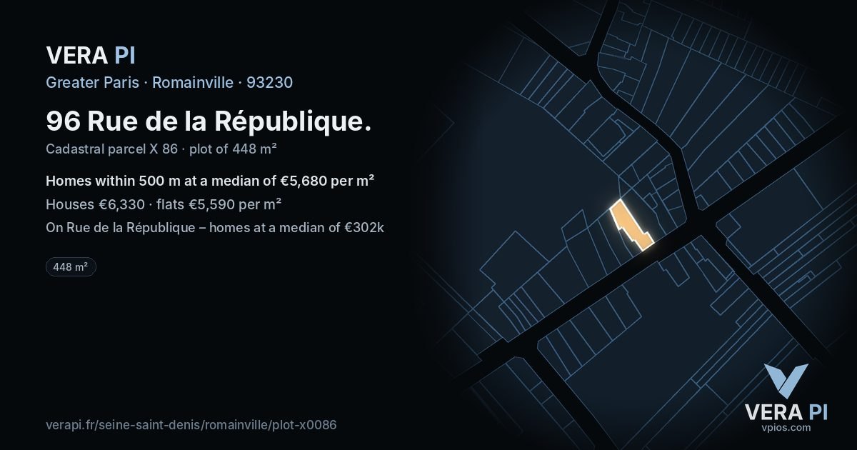 96 Rue de la République, Romainville at night – the plot lit, the parcels around coloured by the prices near them