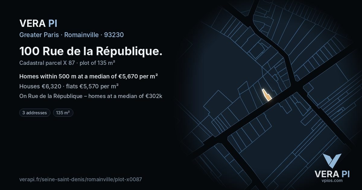 100 Rue de la République, Romainville at night – the plot lit, the parcels around coloured by the prices near them