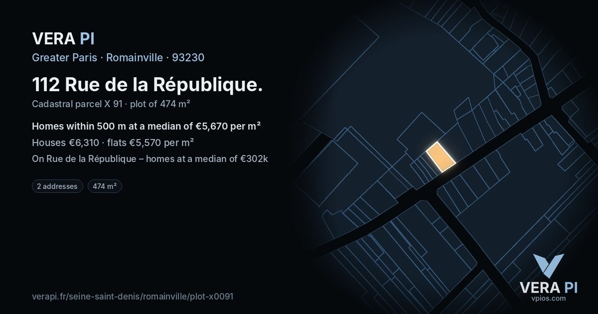 112 Rue de la République, Romainville at night – the plot lit, the parcels around coloured by the prices near them