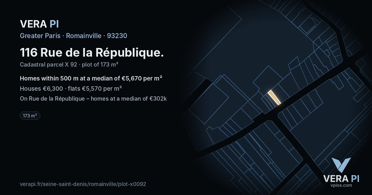 116 Rue de la République, Romainville at night – the plot lit, the parcels around coloured by the prices near them