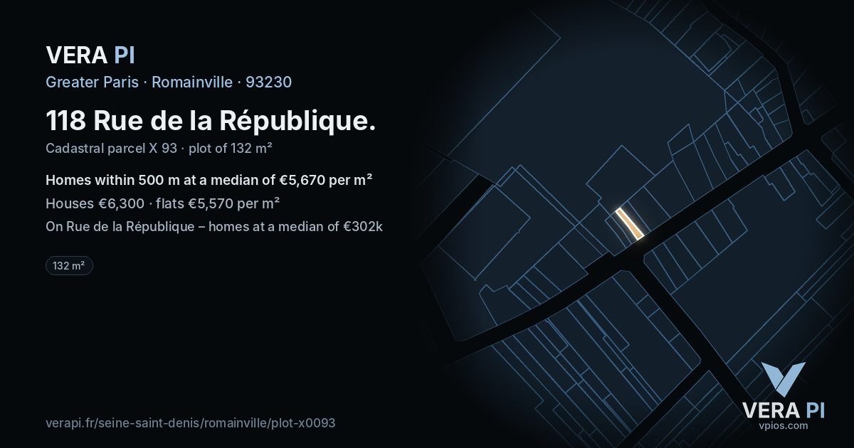 118 Rue de la République, Romainville at night – the plot lit, the parcels around coloured by the prices near them
