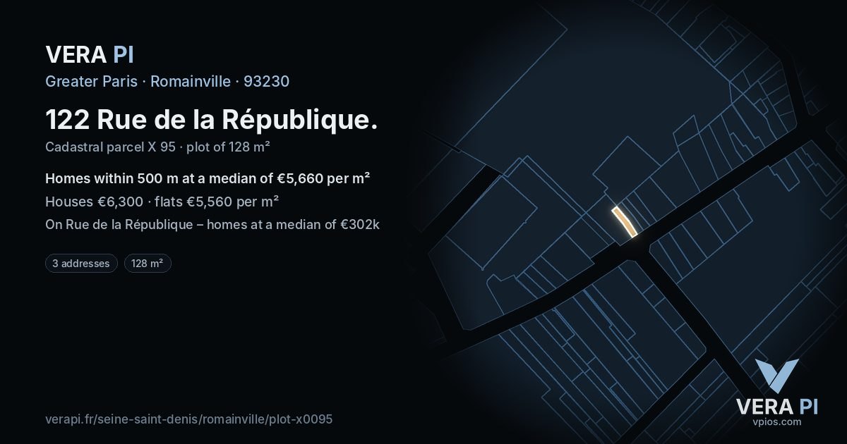 122 Rue de la République, Romainville at night – the plot lit, the parcels around coloured by the prices near them