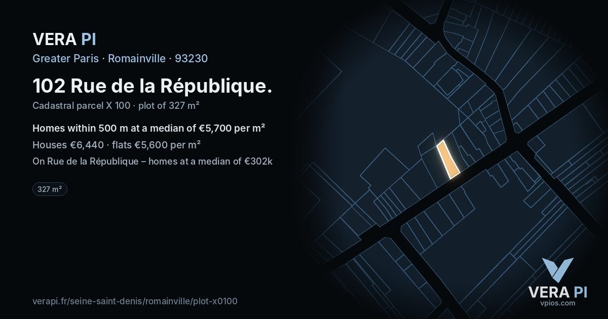 102 Rue de la République, Romainville at night – the plot lit, the parcels around coloured by the prices near them