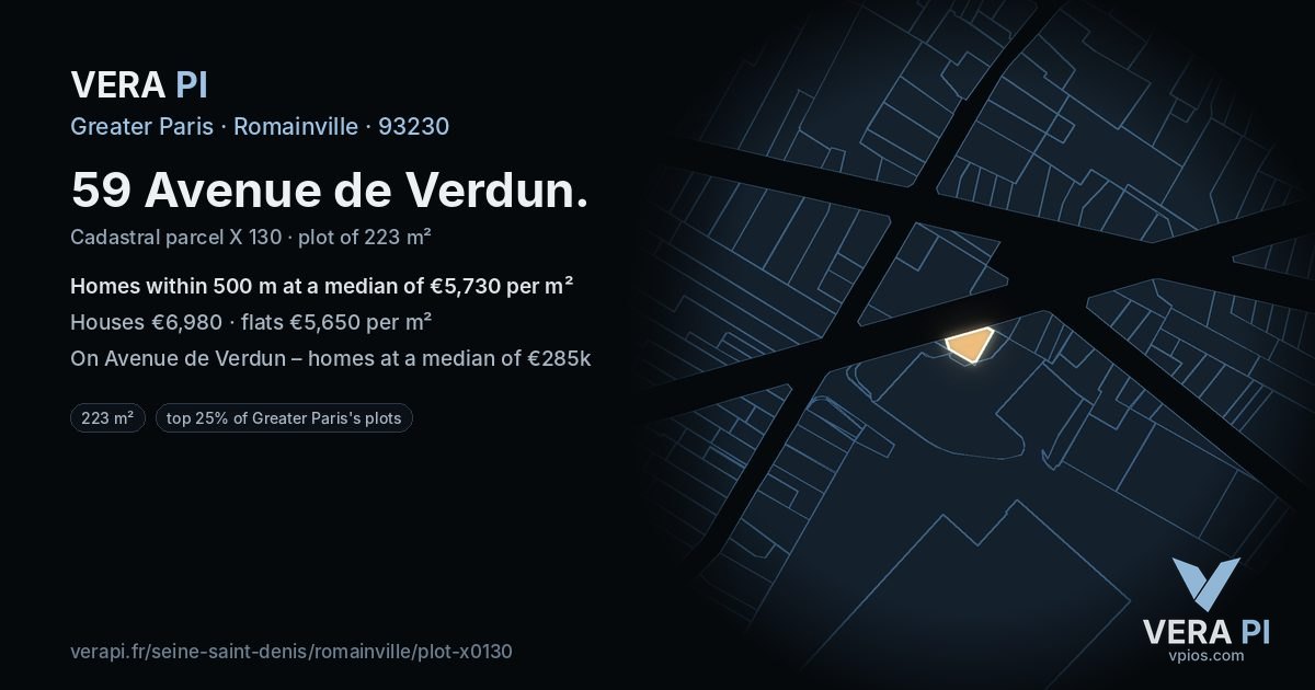 59 Avenue de Verdun, Romainville at night – the plot lit, the parcels around coloured by the prices near them