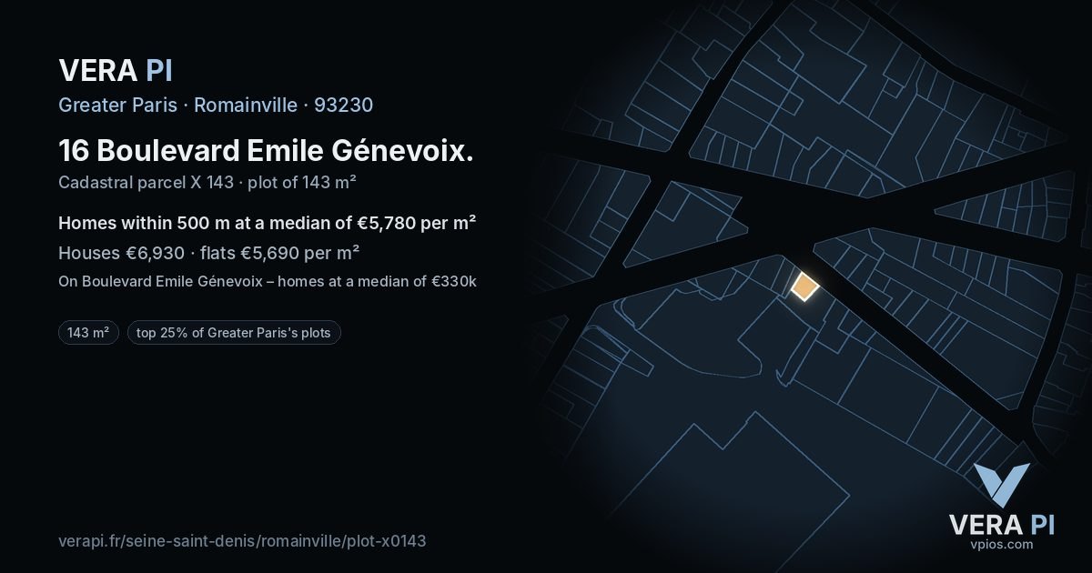 16 Boulevard Emile Génevoix, Romainville at night – the plot lit, the parcels around coloured by the prices near them