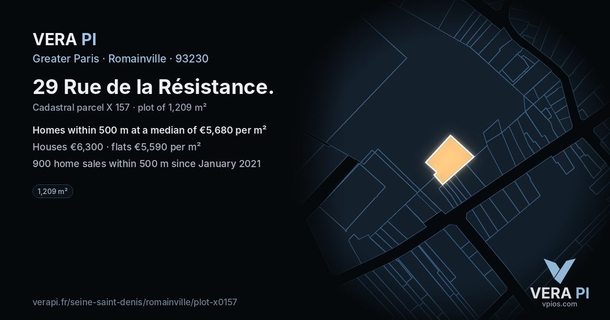 29 Rue de la Résistance, Romainville at night – the plot lit, the parcels around coloured by the prices near them