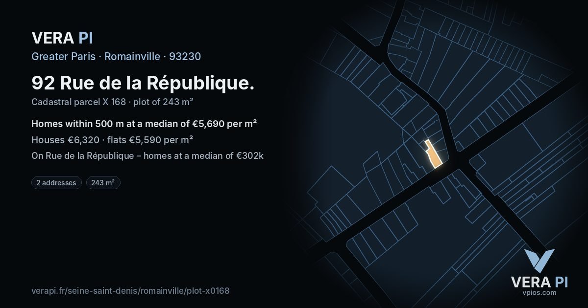 92 Rue de la République, Romainville at night – the plot lit, the parcels around coloured by the prices near them
