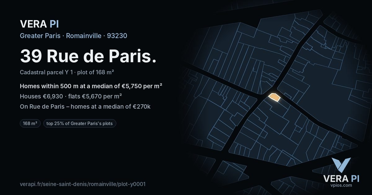 39 Rue de Paris, Romainville at night – the plot lit, the parcels around coloured by the prices near them