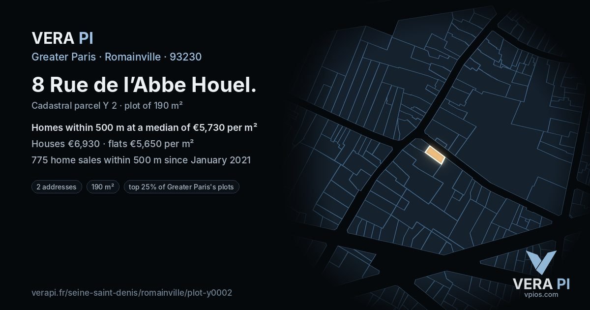 8 Rue de l’Abbe Houel, Romainville at night – the plot lit, the parcels around coloured by the prices near them