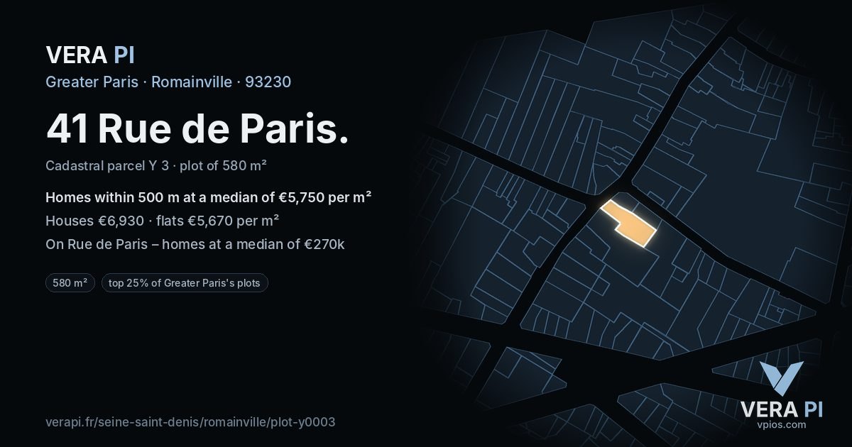41 Rue de Paris, Romainville at night – the plot lit, the parcels around coloured by the prices near them