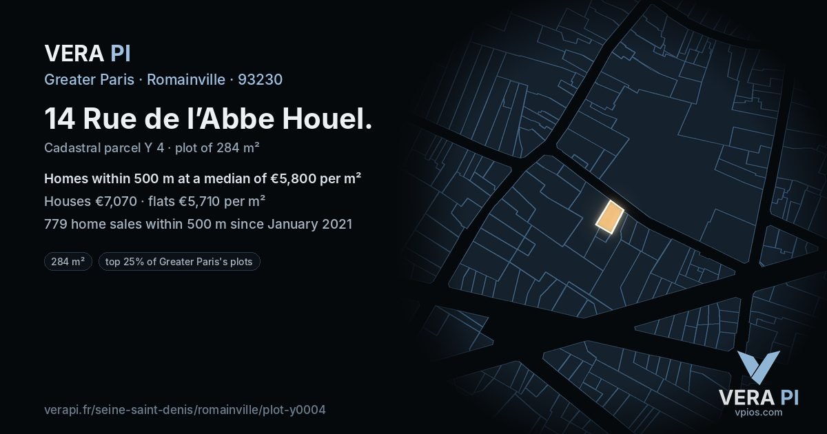14 Rue de l’Abbe Houel, Romainville at night – the plot lit, the parcels around coloured by the prices near them