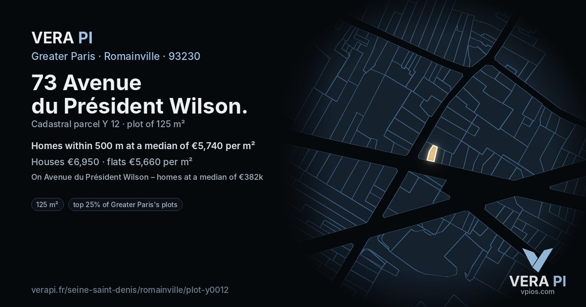 73 Avenue du Président Wilson, Romainville at night – the plot lit, the parcels around coloured by the prices near them