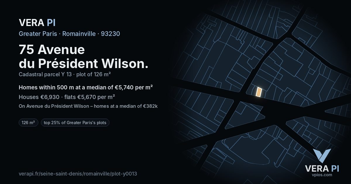 75 Avenue du Président Wilson, Romainville at night – the plot lit, the parcels around coloured by the prices near them