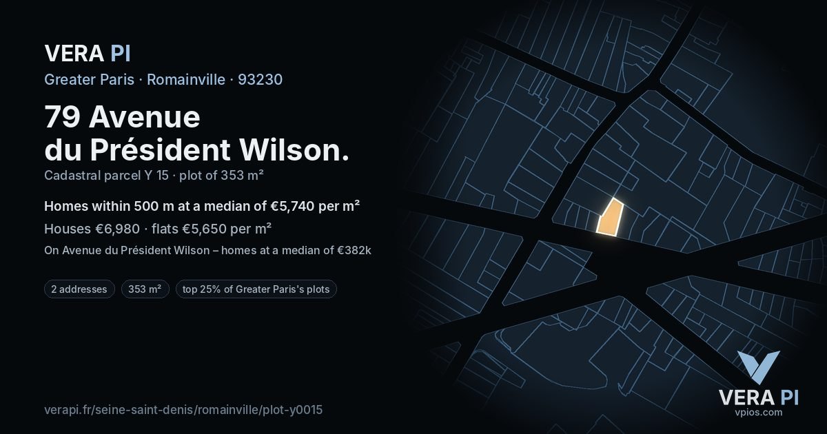 79 Avenue du Président Wilson, Romainville at night – the plot lit, the parcels around coloured by the prices near them