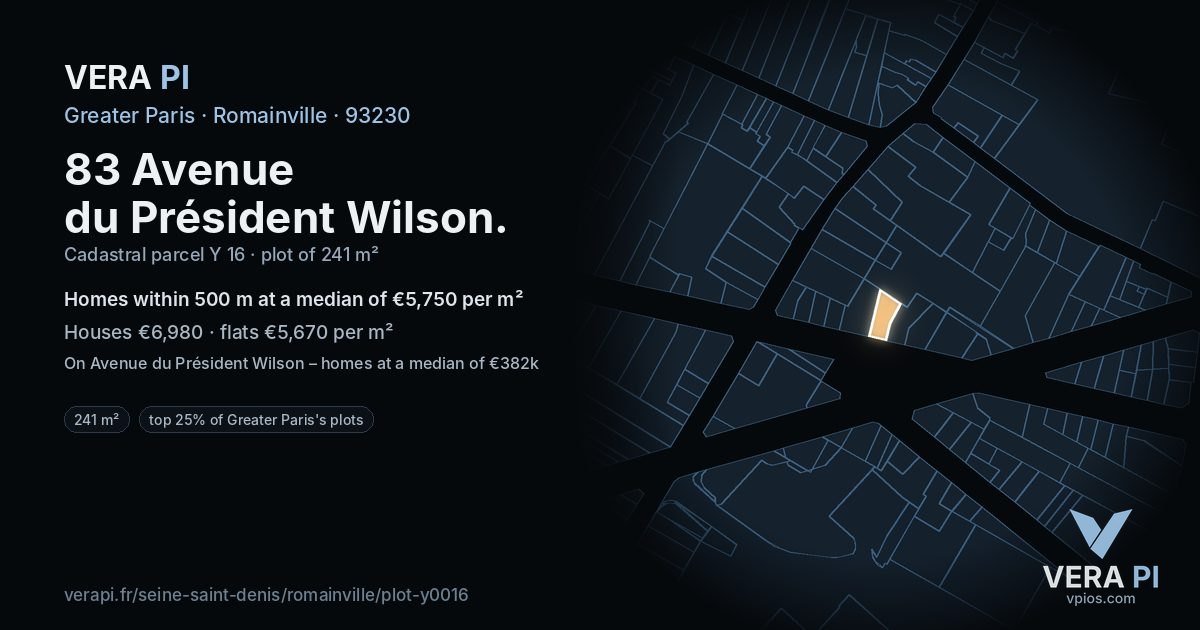83 Avenue du Président Wilson, Romainville at night – the plot lit, the parcels around coloured by the prices near them