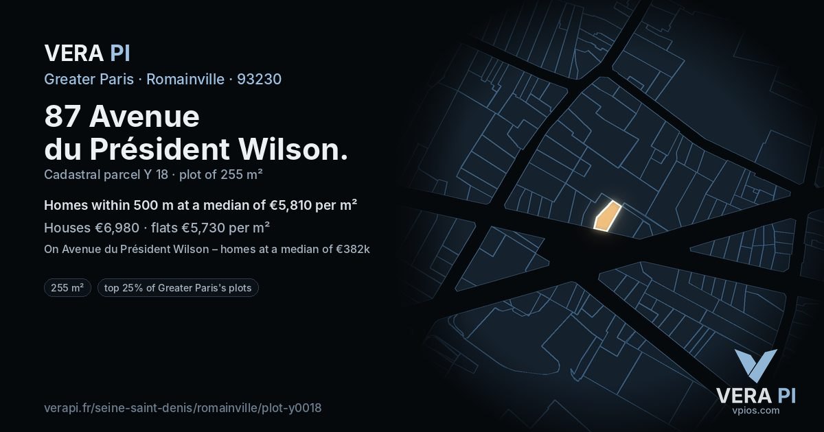 87 Avenue du Président Wilson, Romainville at night – the plot lit, the parcels around coloured by the prices near them