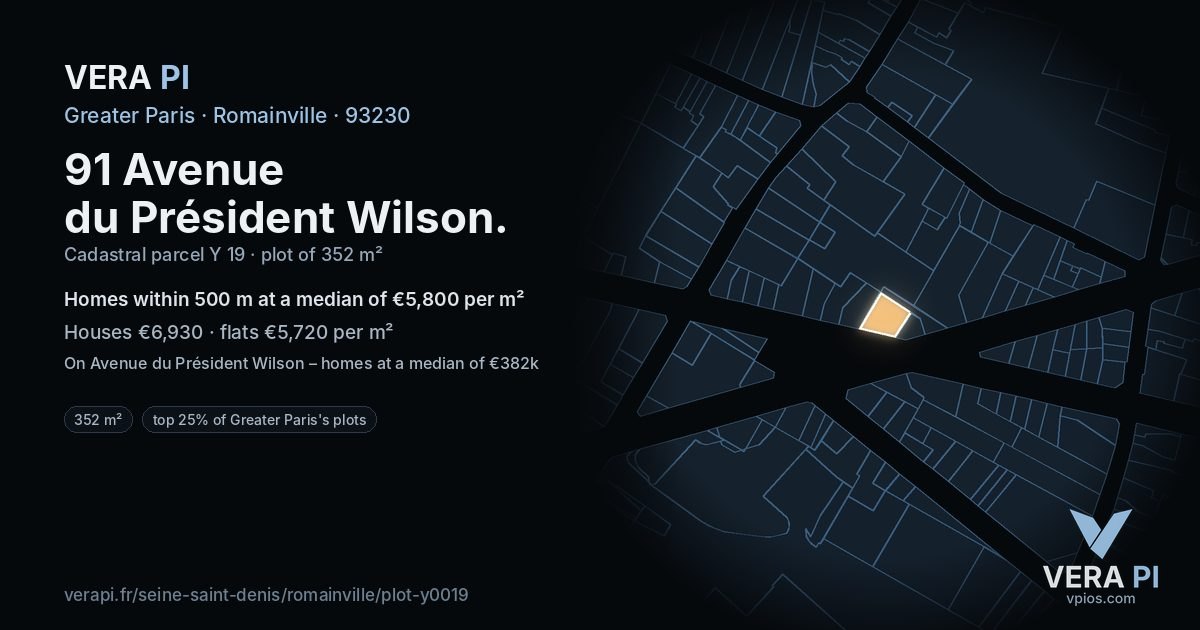 91 Avenue du Président Wilson, Romainville at night – the plot lit, the parcels around coloured by the prices near them