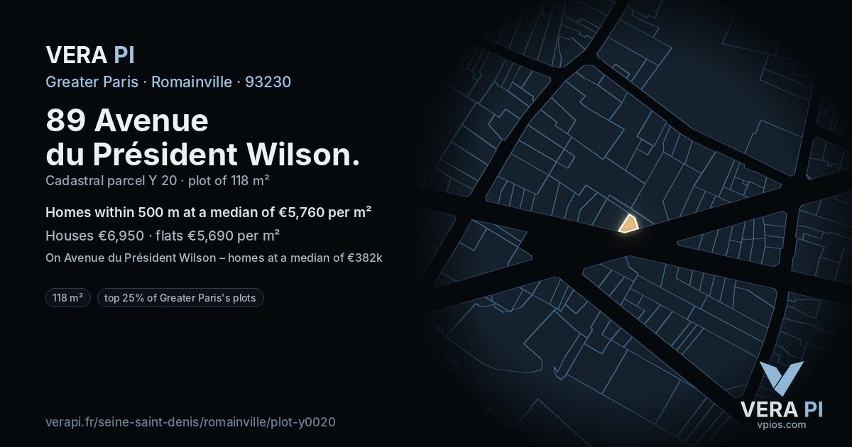 89 Avenue du Président Wilson, Romainville at night – the plot lit, the parcels around coloured by the prices near them