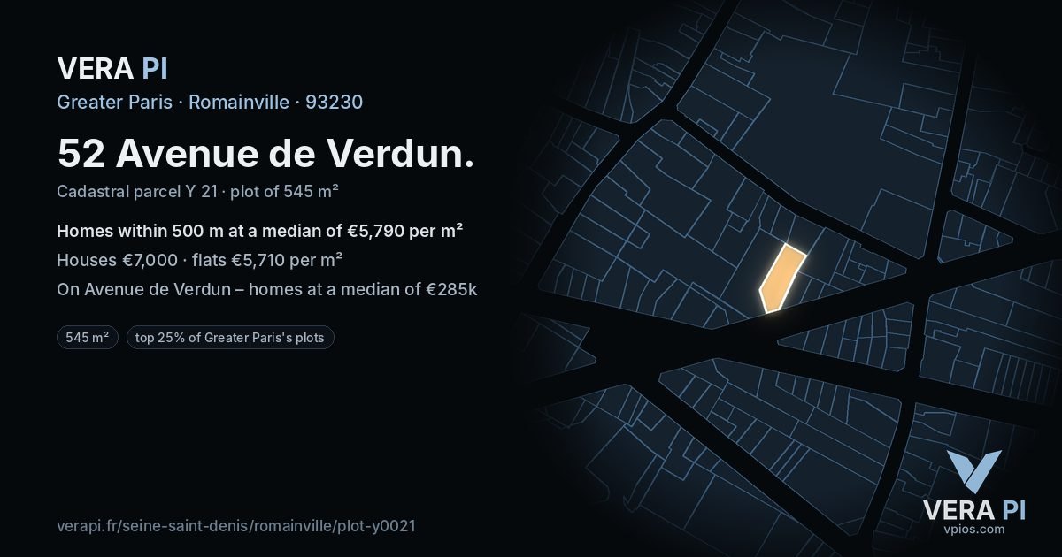 52 Avenue de Verdun, Romainville at night – the plot lit, the parcels around coloured by the prices near them