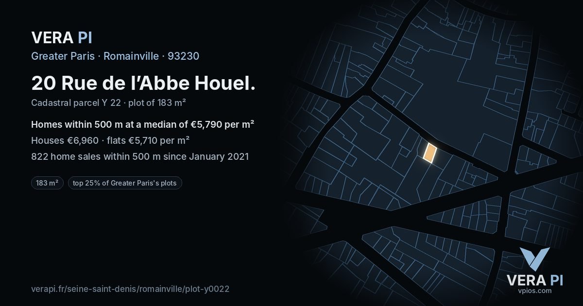 20 Rue de l’Abbe Houel, Romainville at night – the plot lit, the parcels around coloured by the prices near them
