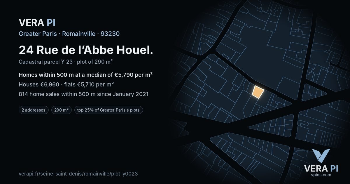 24 Rue de l’Abbe Houel, Romainville at night – the plot lit, the parcels around coloured by the prices near them
